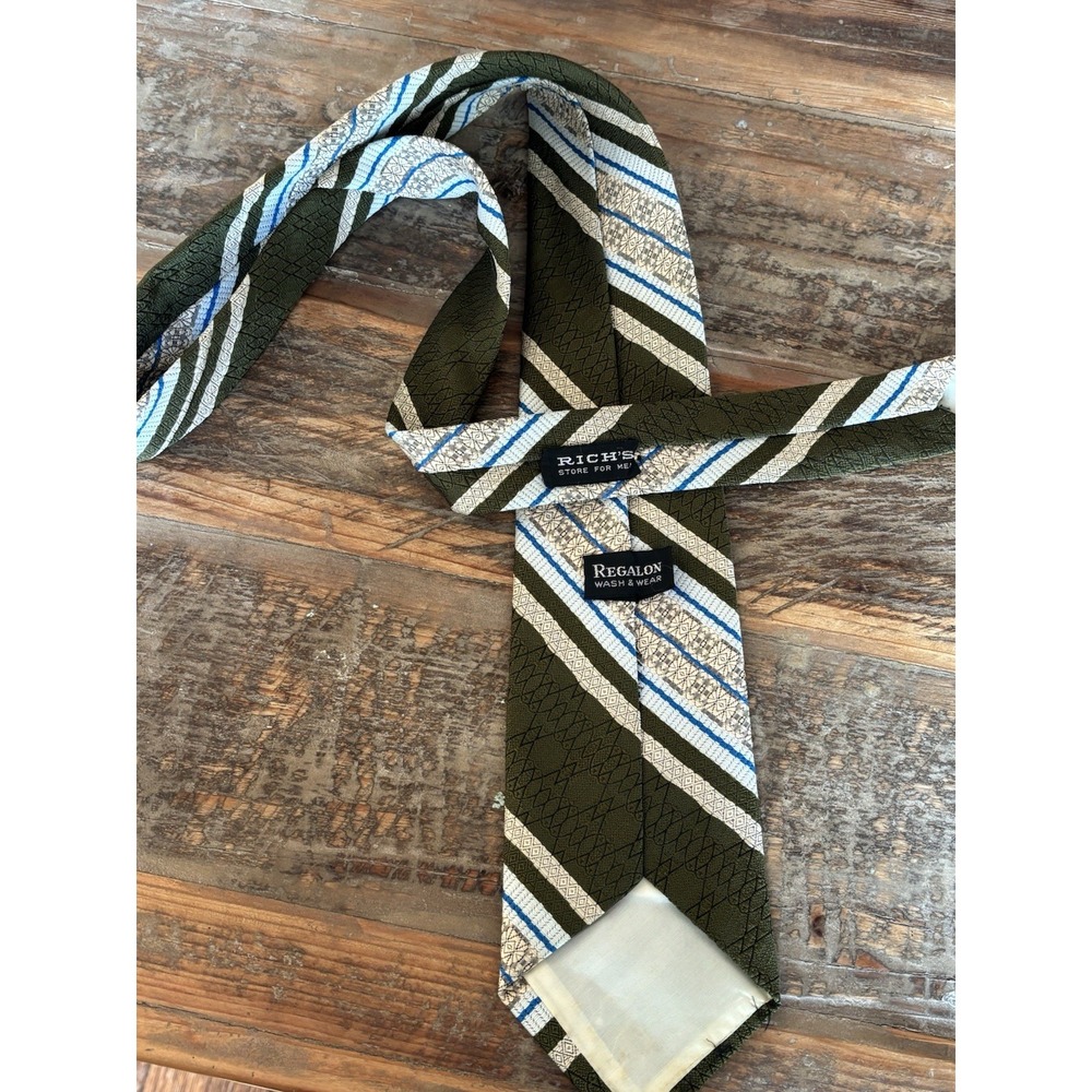 Vintage Regalon Wash And Wear Wide Necktie Olive Green Stripe - Picture 3 of 6